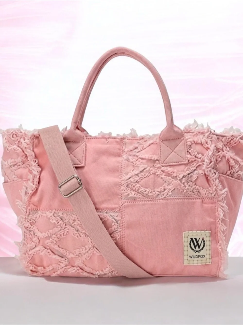 Wildfox Blush Pink Frayed Canvas Tote with Adjustable Strap